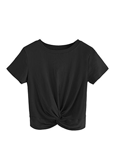 MakeMeChic Women's Summer Crop Top Solid Short Sleeve Twist Front Tee T-Shirt Black M