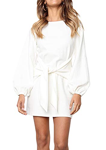 PRETTYGARDEN Women’s Elegant Long Lantern Sleeve Short Dress Crewneck Tie Waist Knit Cocktail Dress White