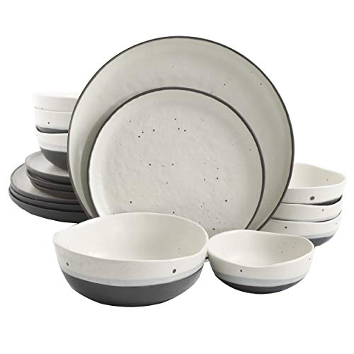 Gibson Elite Rhinebeck Round Reactive Glaze Double Bowl Stoneware Dinnerware Set, Service for Four (16pcs), White and Black