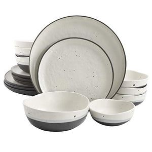 Gibson Elite Rhinebeck Round Reactive Glaze Double Bowl Stoneware Dinnerware Set, Service for Four (16pcs), White and Black