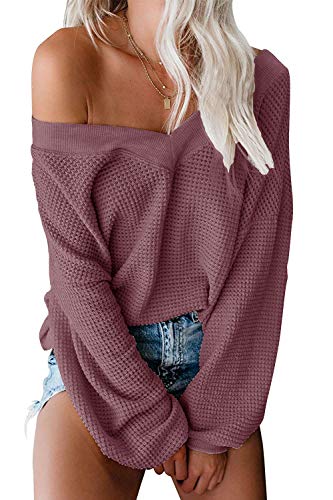 ReachMe Women's Oversized Off Shoulder Pullover Tops Long Sleeve Loose Fit Waffle Knit Tops(Rusty Red&Purple,M)