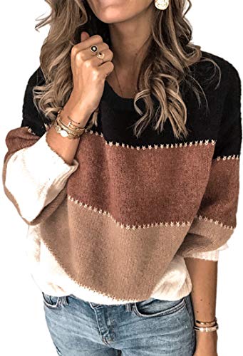 Angashion Women's Sweaters Casual Long Sleeve Crewneck Color Block Patchwork Pullover Knit Sweater Tops Black L